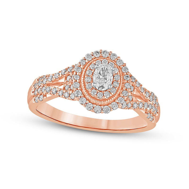 0.50 CT. T.W. Oval Natural Diamond Frame Antique Vintage-Style Multi-Row Engagement Ring in Solid 10K Rose Gold