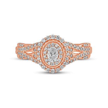 0.50 CT. T.W. Oval Natural Diamond Frame Antique Vintage-Style Multi-Row Engagement Ring in Solid 10K Rose Gold