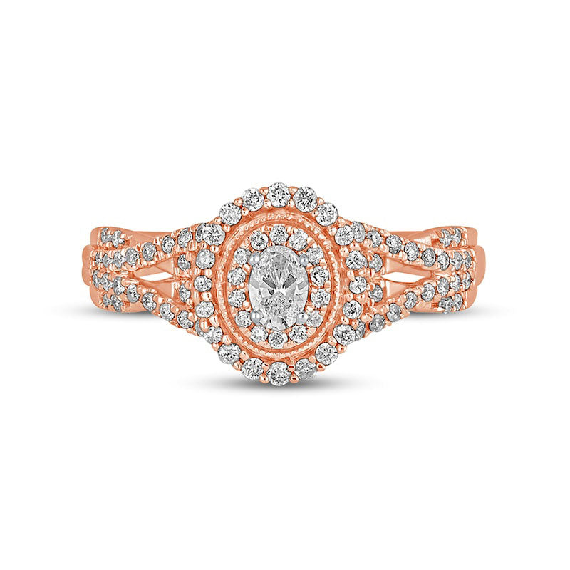 0.50 CT. T.W. Oval Natural Diamond Frame Antique Vintage-Style Multi-Row Engagement Ring in Solid 10K Rose Gold