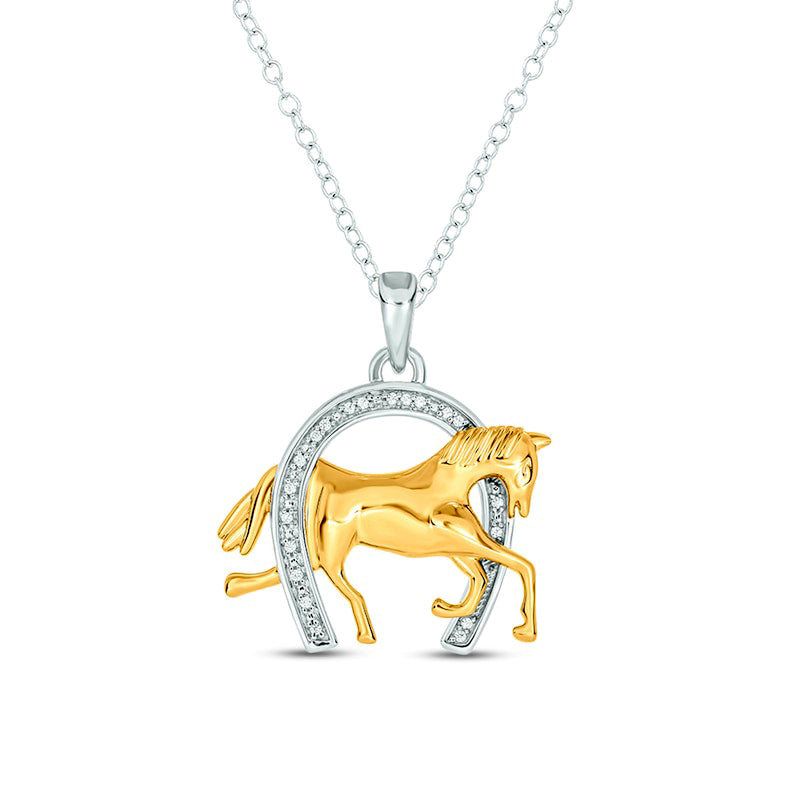 0.05 CT. T.W. Natural Diamond Horse in Horseshoe Pendant in Sterling Silver and 14K Gold Plate