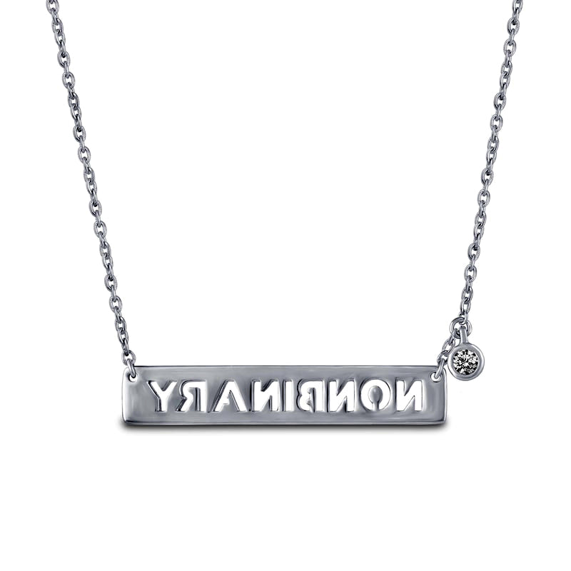 0.05 CT. T.W. Natural Diamond Solitaire NONBINARY" Sideways Bar Necklace in Sterling Silver"