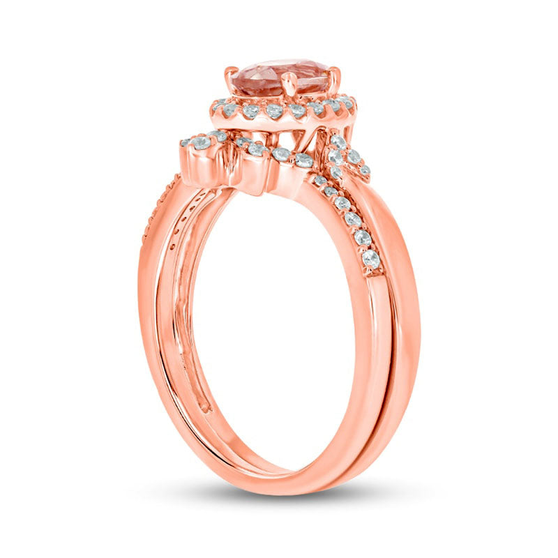 Oval Morganite and 0.33 CT. T.W. Natural Diamond Frame and Collar Crown Bridal Engagement Ring Set in Solid 10K Rose Gold