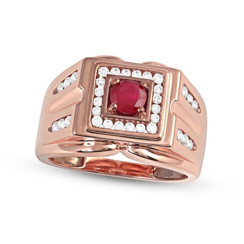 Men's 5.0mm Ruby and 0.50 CT. T.W. Natural Diamond Square Frame Double Row with Groove Shank Ring in Solid 10K Rose Gold