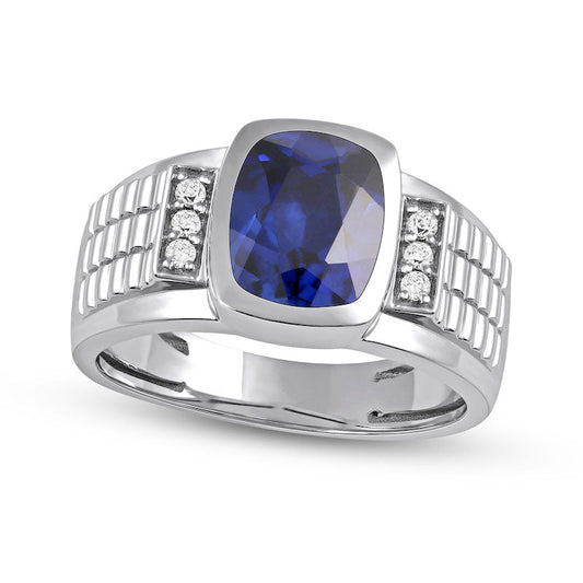 Men's Cushion-Cut Blue and White Lab-Created Sapphire Tri-Sides Triple Row Ribbed Shank Ring in Sterling Silver