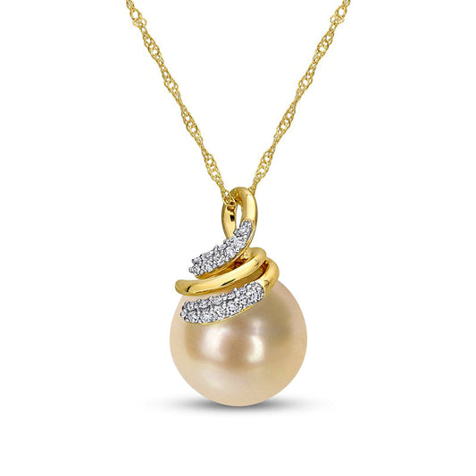 9.0-10.0mm Baroque Golden Cream South Sea Pearl and 0.1 CT. T.W. Natural Diamond Swirl Top Pendant in 14K Gold - 17"