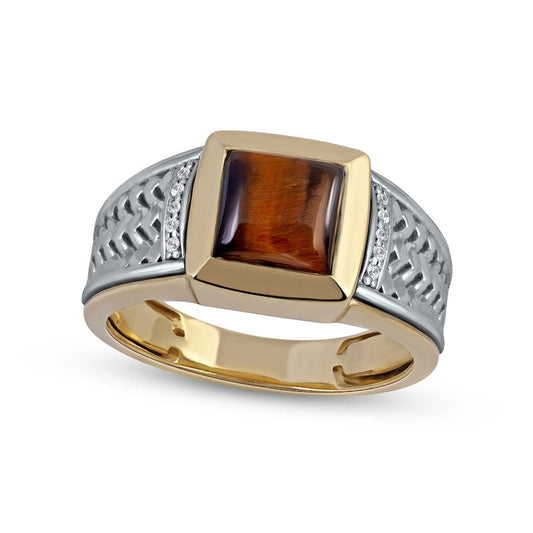 Men's 8.0mm Square-Cut Tiger's Eye and 0.05 CT. T.W. Natural Diamond Basket Weave Ring in Solid 10K Two-Tone Gold