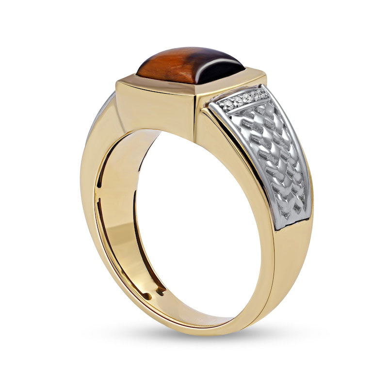 Men's 8.0mm Square-Cut Tiger's Eye and 0.05 CT. T.W. Natural Diamond Basket Weave Ring in Solid 10K Two-Tone Gold