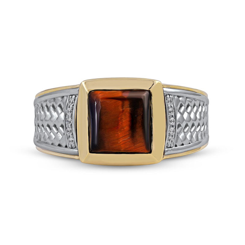Men's 8.0mm Square-Cut Tiger's Eye and 0.05 CT. T.W. Natural Diamond Basket Weave Ring in Solid 10K Two-Tone Gold