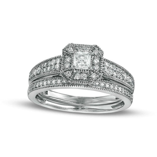 0.50 CT. T.W. Princess-Cut Natural Diamond Frame Three Piece Bridal Engagement Ring Set in Solid 10K White Gold (J/I3)