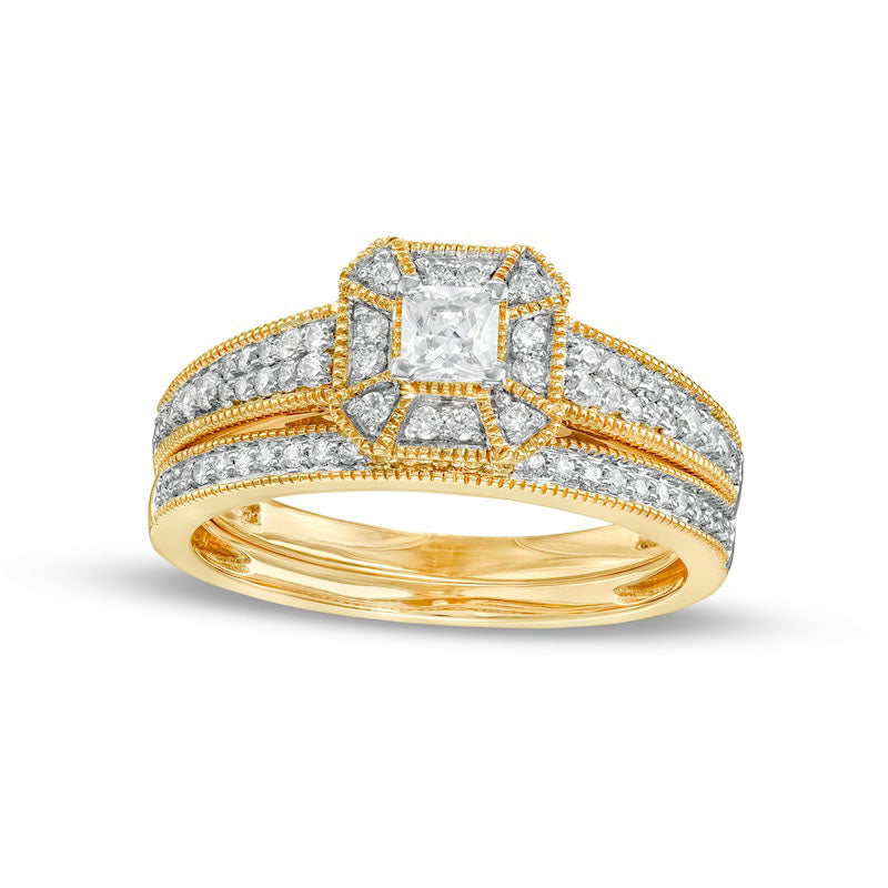 0.50 CT. T.W. Princess-Cut Natural Diamond Frame Three Piece Bridal Engagement Ring Set in Solid 10K Yellow Gold (J/I3)