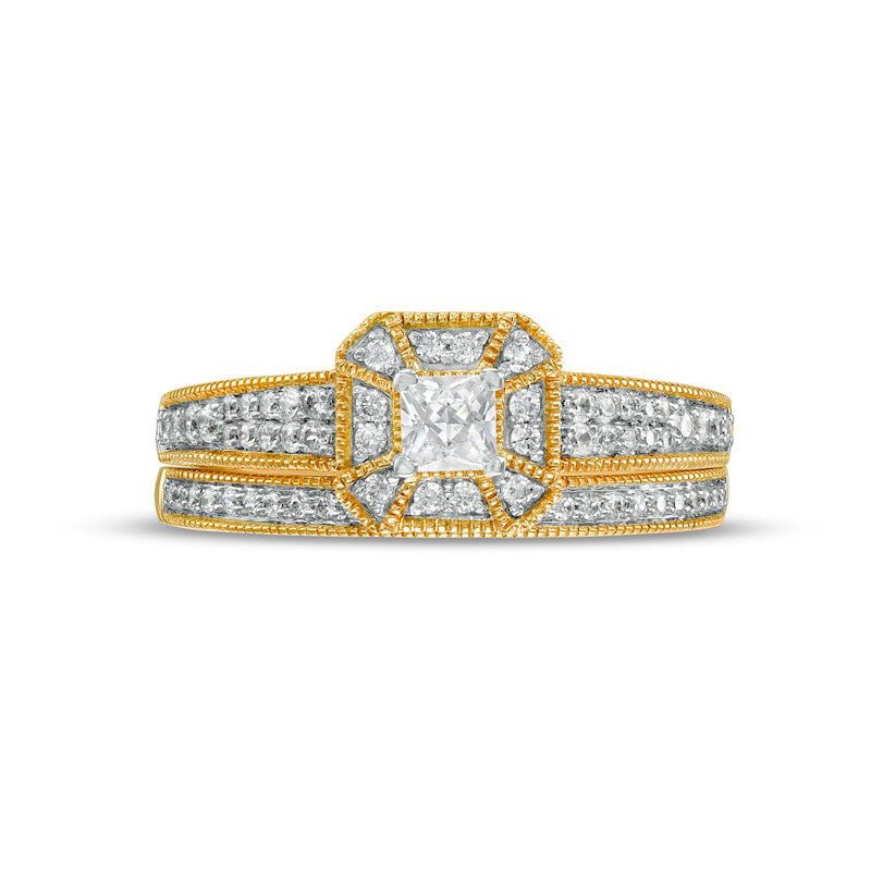 0.50 CT. T.W. Princess-Cut Natural Diamond Frame Three Piece Bridal Engagement Ring Set in Solid 10K Yellow Gold (J/I3)