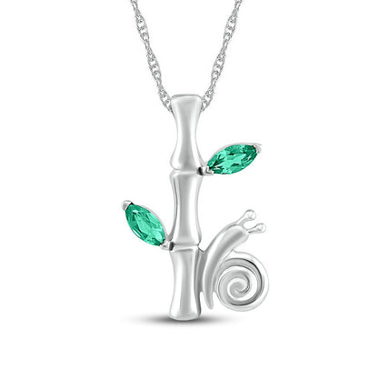Marquise Lab-Created Emerald Leafy Bamboo and Snail Pendant in Sterling Silver