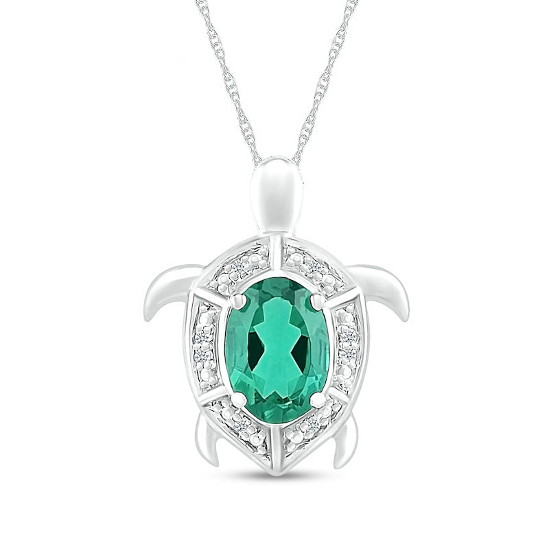 Oval Lab-Created Emerald and Diamond Accent Beaded Shell Pattern Sea Turtle Pendant in Sterling Silver
