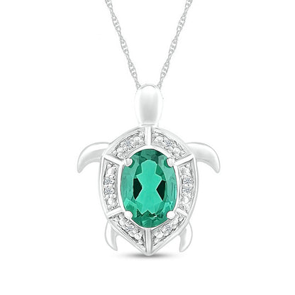 Oval Lab-Created Emerald and Diamond Accent Beaded Shell Pattern Sea Turtle Pendant in Sterling Silver