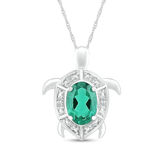 Oval Lab-Created Emerald and Diamond Accent Beaded Shell Pattern Sea Turtle Pendant in Sterling Silver