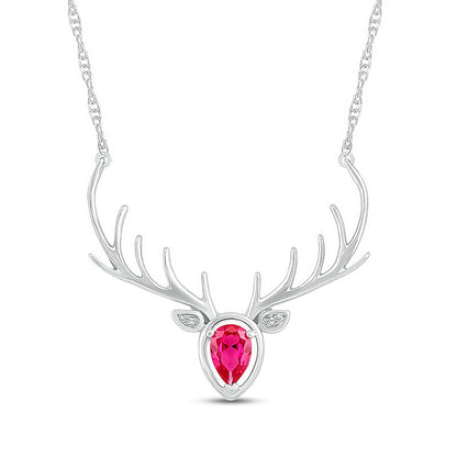 Pear-Shaped Lab-Created Ruby and Diamond Accent Deer with Antlers Necklace in Sterling Silver