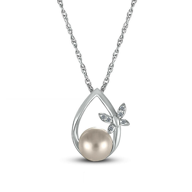 7.0mm Cultured Freshwater Pearl and Natural Diamond Accent Butterfly Open Teardrop Pendant in Sterling Silver