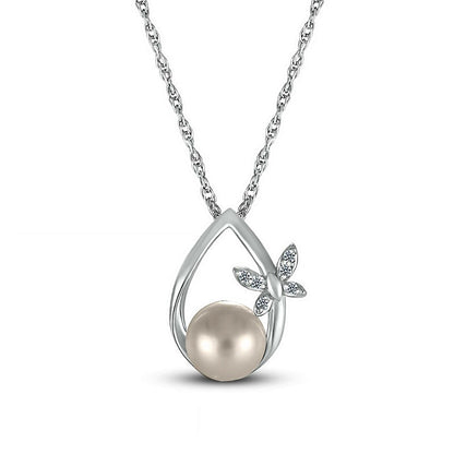 7.0mm Cultured Freshwater Pearl and Natural Diamond Accent Butterfly Open Teardrop Pendant in Sterling Silver