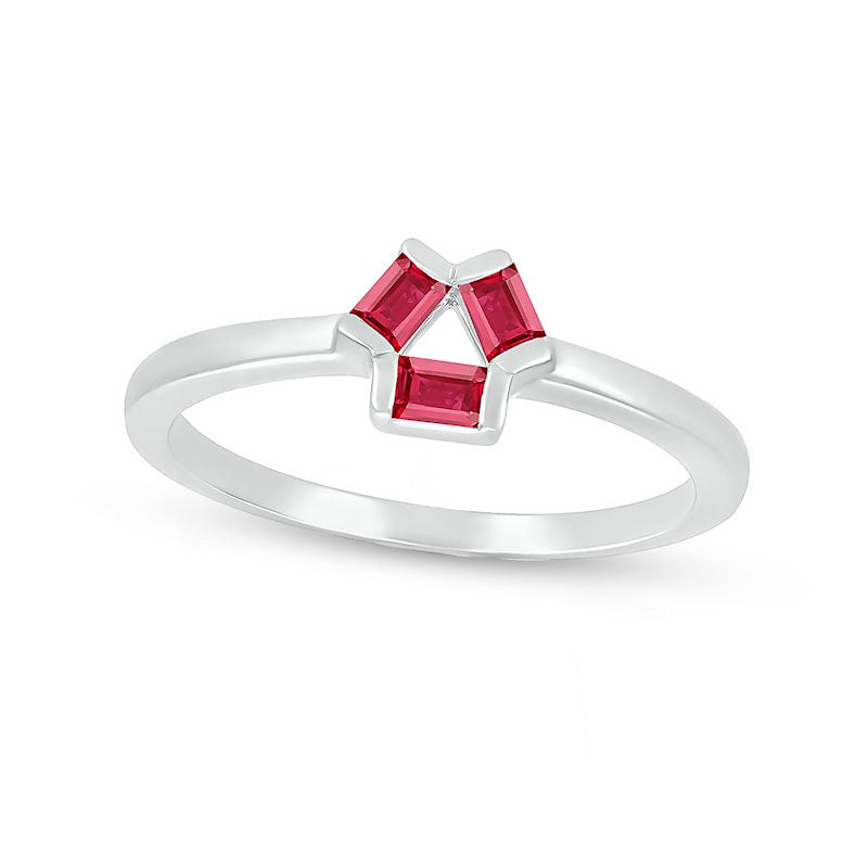 Baguette Lab-Created Ruby Three Stone Open Triangle Geometric Ring in Sterling Silver