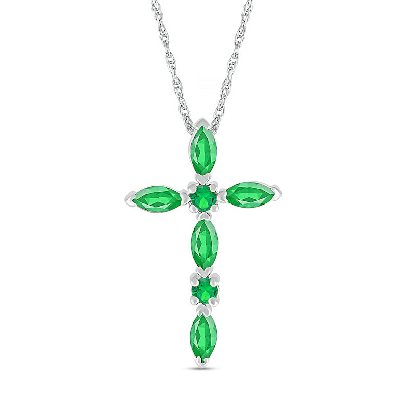 Marquise and Round Lab-Created Emerald Alternating Cross Pendant in Sterling Silver
