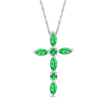 Marquise and Round Lab-Created Emerald Alternating Cross Pendant in Sterling Silver