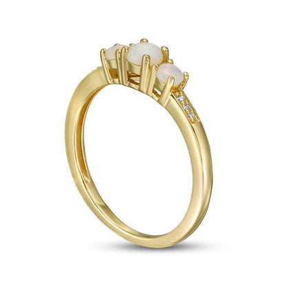 Opal and Natural Diamond Accent Three Stone Ring in Solid 10K Yellow Gold