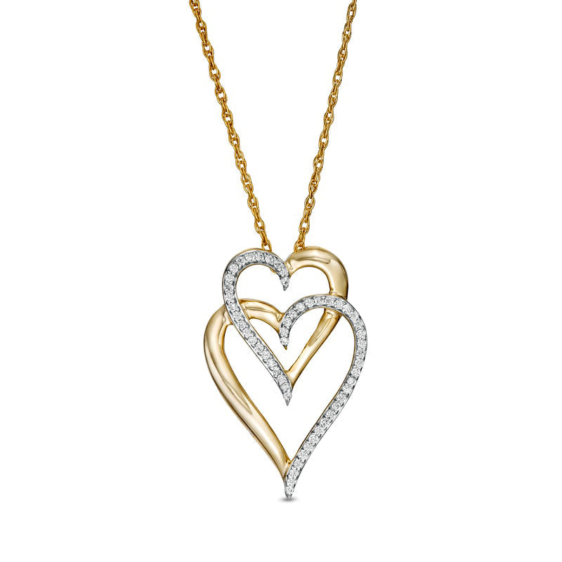 0.1 CT. T.W. Natural Diamond Interlocking Double Elongated Heart Necklace in 10K Yellow Gold