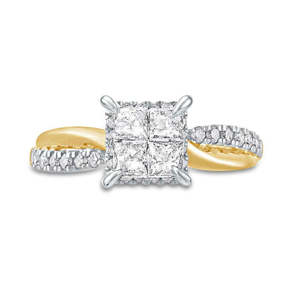 1.0 CT. T.W. Quad Princess-Cut Natural Diamond Hidden Halo Twist Shank Engagement Ring in Solid 10K Yellow Gold (I/I2)