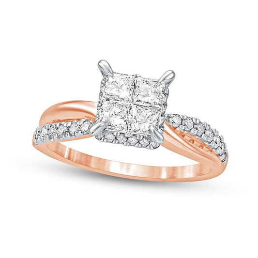 1.0 CT. T.W. Quad Princess-Cut Natural Diamond Hidden Halo Twist Shank Engagement Ring in Solid 10K Rose Gold (I/I2)