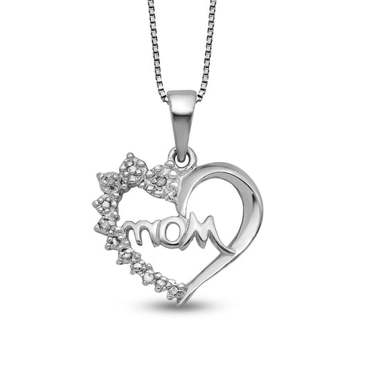 Natural Diamond Accent Beaded Flower Cluster Mom" Shadow Heart Pendant in Sterling Silver – 16""