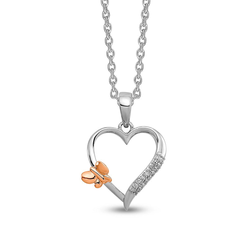 0.05 CT. T.W. Natural Diamond Double Row with Offset Butterfly Loop Heart Pendant in Sterling Silver and 14K Rose Gold