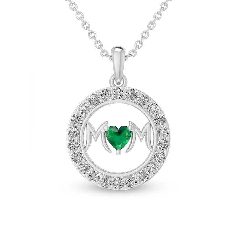 4.0mm Heart-Shaped Lab-Created Emerald and White Lab-Created Sapphire MOM" in Circle Pendant in Sterling Silver"