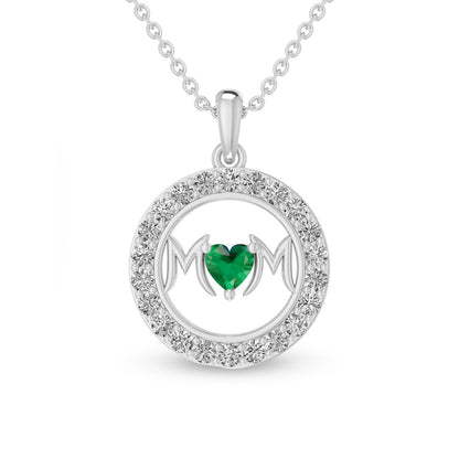 4.0mm Heart-Shaped Lab-Created Emerald and White Lab-Created Sapphire MOM" in Circle Pendant in Sterling Silver"