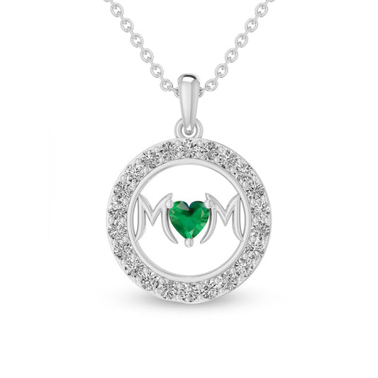 4.0mm Heart-Shaped Lab-Created Emerald and White Lab-Created Sapphire MOM" in Circle Pendant in Sterling Silver"