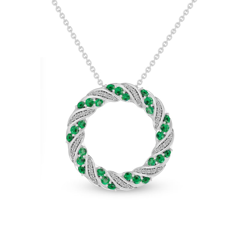 Lab-Created Emerald and White Lab-Created Sapphire Swirl Wreath Pendant in Sterling Silver