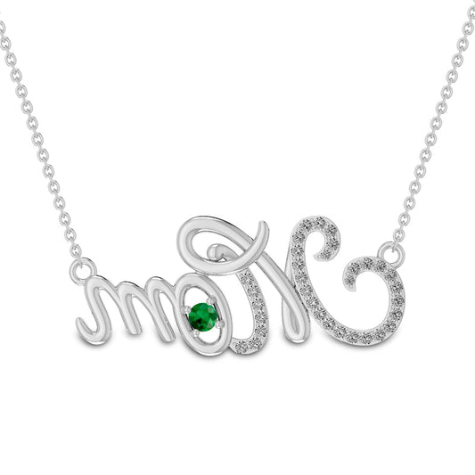 3.0mm Lab-Created Emerald and White Lab-Created Sapphire Cursive Mom" Pendant in Sterling Silver"