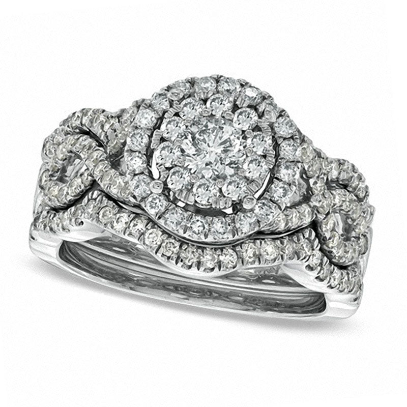 Previously Owned - 1.20 CT. T.W. Natural Diamond Cluster Bridal Engagement Ring Set in Solid 14K White Gold