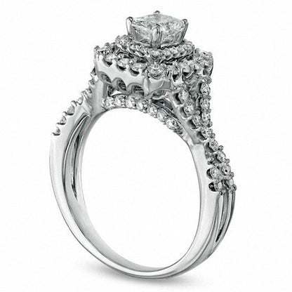 Previously Owned - 1.25 CT. T.W. Certified Radiant-Cut Natural Diamond Frame Engagement Ring in Solid 14K White Gold (I/I1)