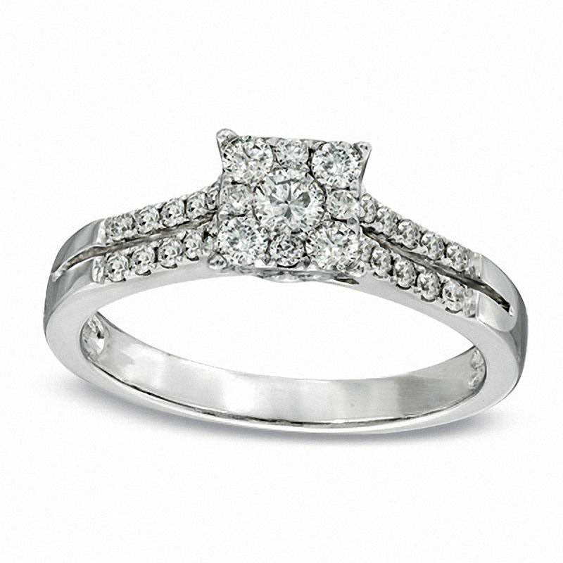 Previously Owned - 0.50 CT. T.W. Natural Diamond Square Cluster Engagement Ring in Solid 14K White Gold