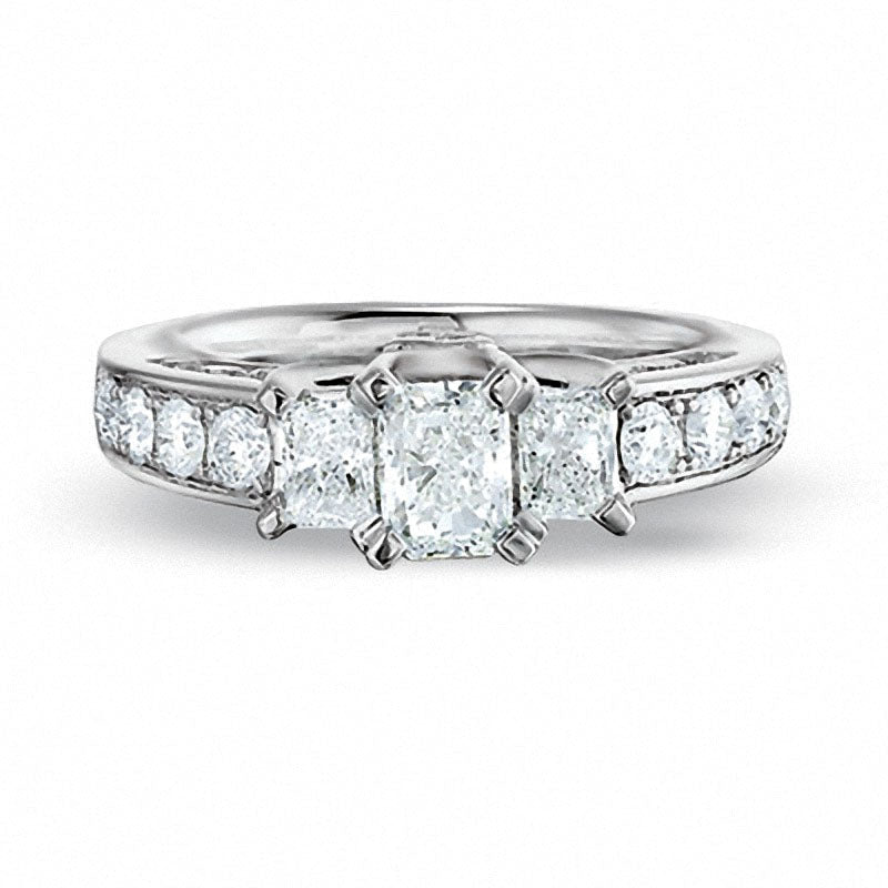 Previously Owned - 1.5 CT. T.W. Radiant Cut Natural Diamond Three Stone Ring in Solid 14K White Gold