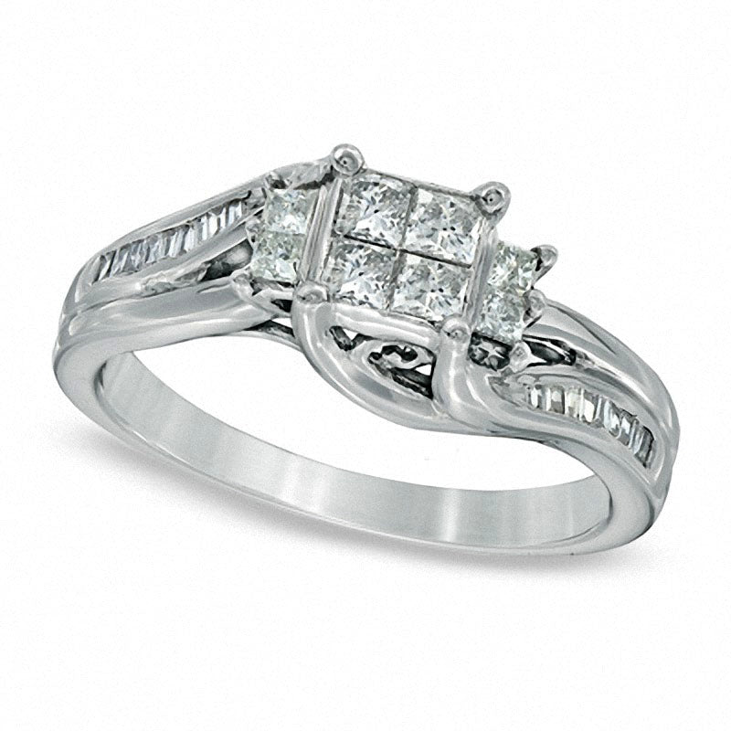 Previously Owned - 0.50 CT. T.W. Quad Princess-Cut Natural Diamond Engagement Ring in Solid 10K White Gold