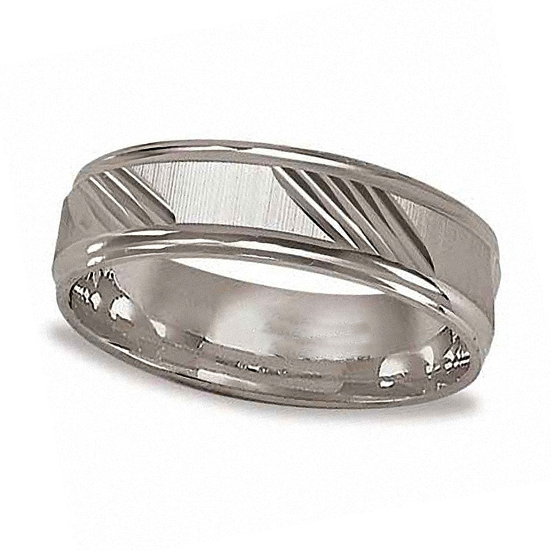 Previously Owned - Men's 6.0mm Diagonal Lines Wedding Band in Solid 10K White Gold