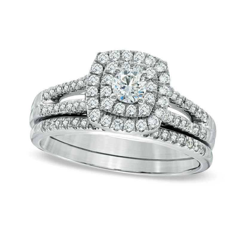 Previously Owned - 0.75 CT. T.W. Natural Diamond Double Frame Bridal Engagement Ring Set in Solid 14K White Gold