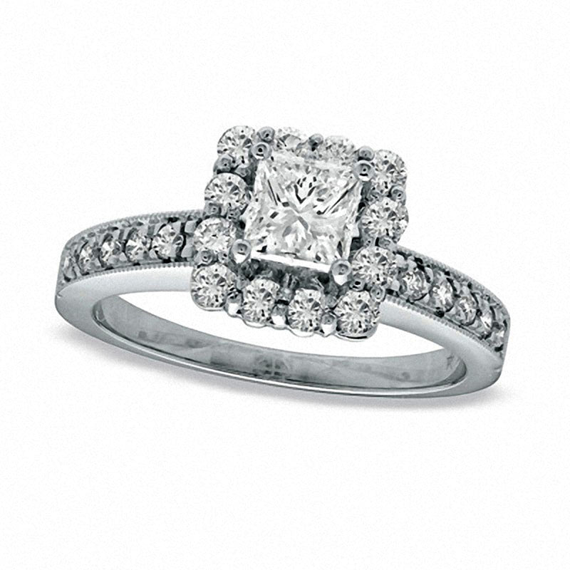 Previously Owned - 0.63 CT. T.W. Princess-Cut Natural Diamond Frame Antique Vintage-Style Engagement Ring in Solid 14K White Gold