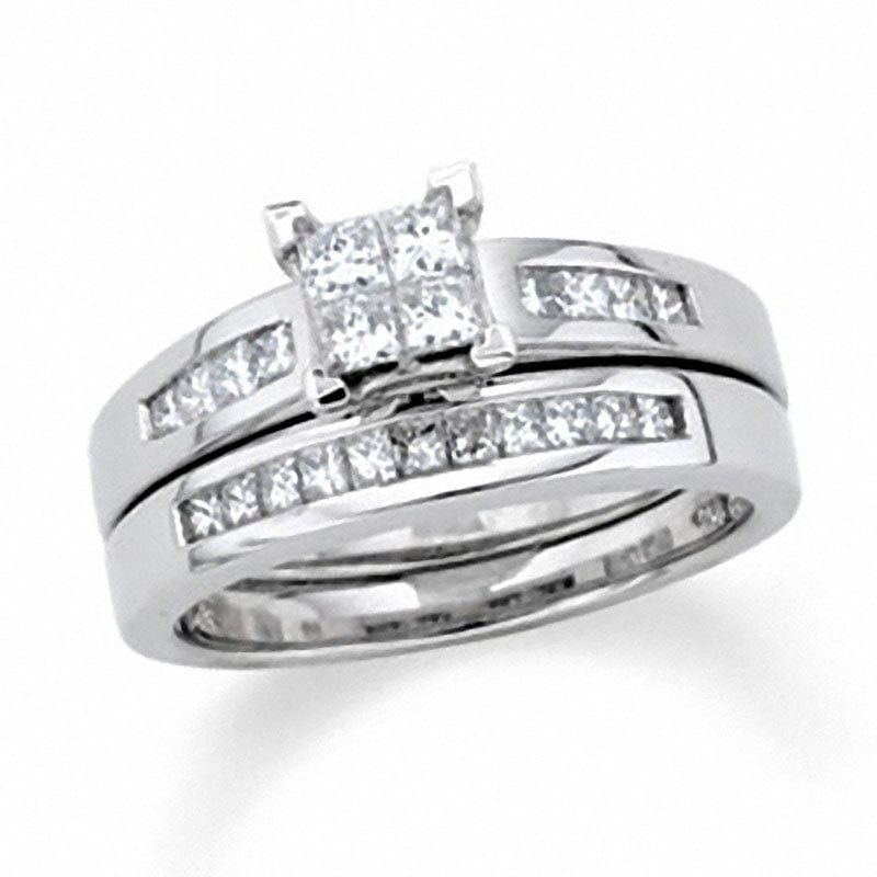 Previously Owned - 1.5 CT. T.W. Quad Princess-Cut Natural Diamond Bridal Engagement Ring Set in Solid 14K White Gold