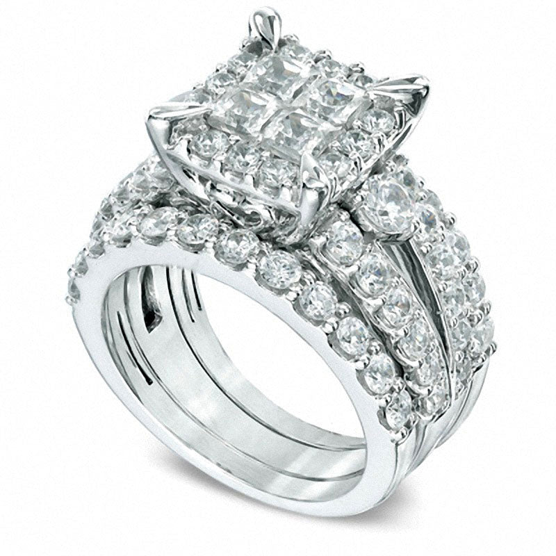 Previously Owned - 4 CT. T.W. Quad Princess-Cut Natural Diamond Frame Bridal Engagement Ring Set in Solid 14K White Gold