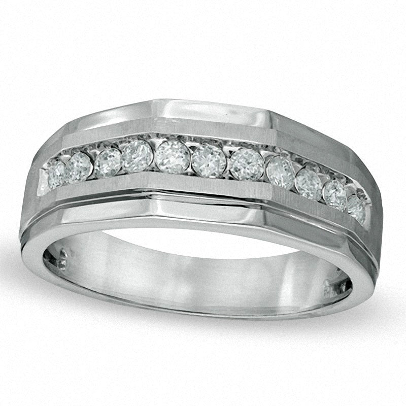 Previously Owned - Men's 1.20 CT. T.W. Natural Diamond Satin Wedding Band in Solid 10K White Gold