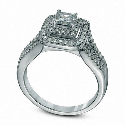 Previously Owned - 1.20 CT. T.W. Princess-Cut Natural Diamond Double Frame Bridal Engagement Ring Set in Solid 14K White Gold