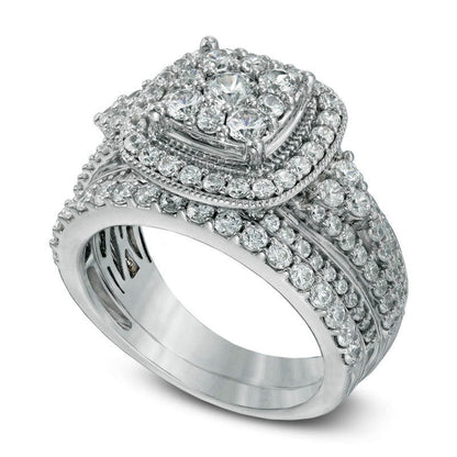 Previously Owned - 1.75 CT. T.W. Natural Diamond Frame Cluster Bridal Engagement Ring Set in Solid 14K White Gold
