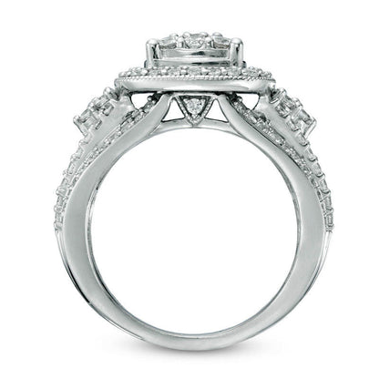 Previously Owned - 1.75 CT. T.W. Natural Diamond Frame Cluster Bridal Engagement Ring Set in Solid 14K White Gold